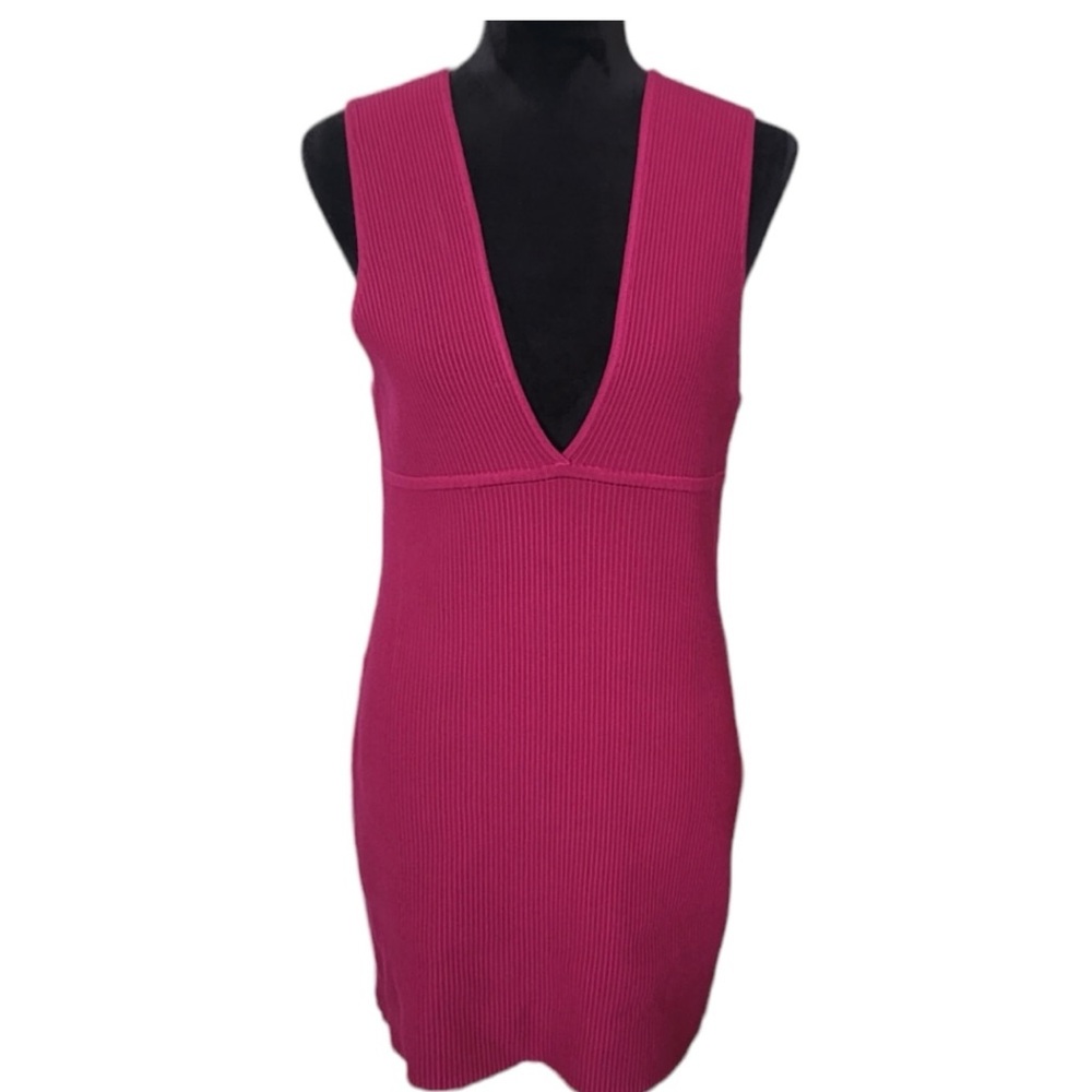 House of Harlow 1960 Raspberry Pink Plunge Ribbed Bodycon Mini Dress Size L NWT